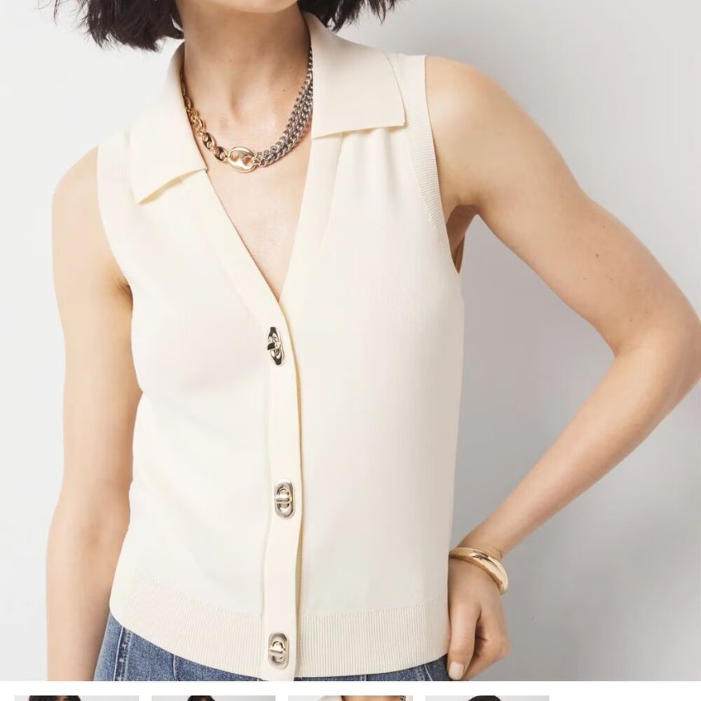 White House Black Market Cream Sleeveless V-Neck Button Front Sweater
